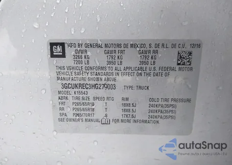 2017 Chevrolet Silverado 1500 2Lt z USA, uszkodzony, nr VIN 3GCUKREC3HG279003